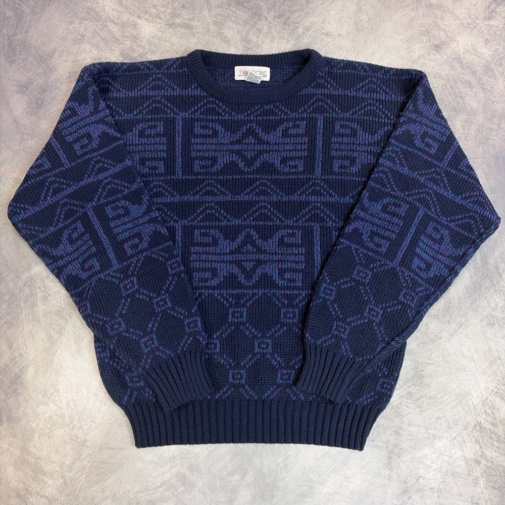 Vintage Traditions Sweater Mens Large Navy Blue Geometric Knit Pullover Retro